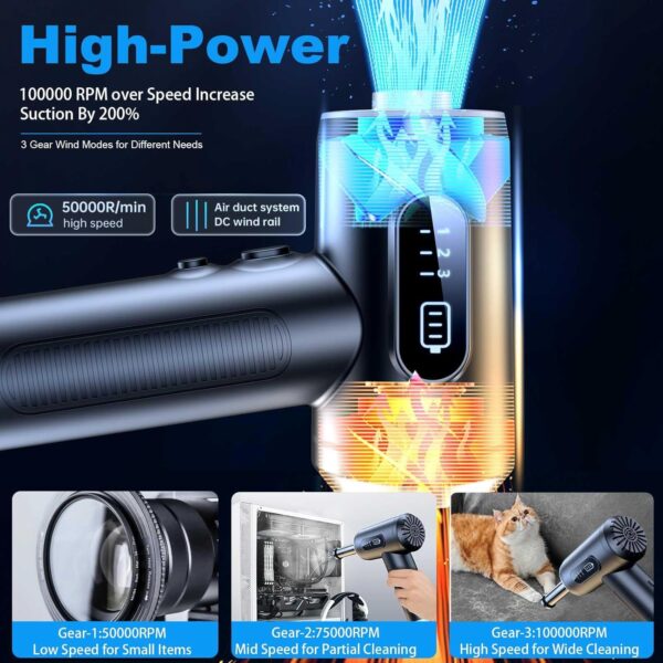 Compressed Air Duster, 3-Gear to 100000RPM Electric Air Duster Portable Cordless Air Blower with LED Light, for Cleaning Keyboard & PC, Air Cleaning Kit-no Canned air dusters-Rechargeable (Black) - Image 2