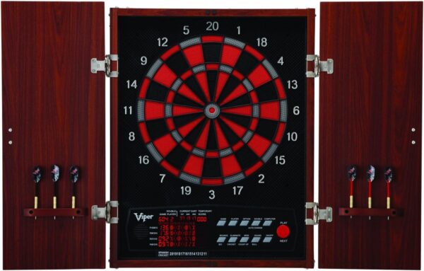 Viper by GLD Products Neptune Electronic Dartboard Cabinet Combo Pro Size Over 55 Games Large Auto-Scoring LCD Cricket Display Extended Dart Catch Area 16 Player Multiplayer with Soft Tip Darts and Power Adapter , 21.5" L x 26.5" W x 3.5" H