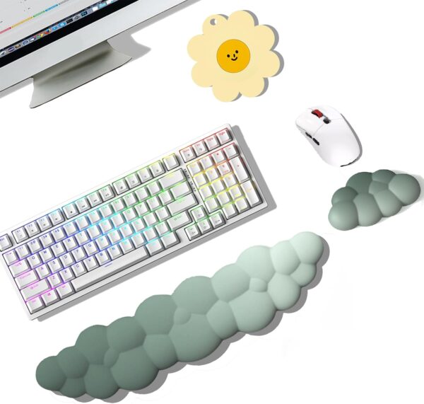 Keyboard Wrist Rest Pad, Ergonomic Design Effective Wrist Pain Relief Arm Rest Desk, Cute Cloud Decoration Gift for Office, Study, Computer Game Table Mouse Accessories (Green Set)