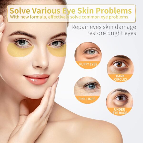 Under Eye Patches - 60 Pcs - 24K Gold Eye Mask- Puffy Eyes & Dark Circles Treatments,Reduce Under Eye Bags and Smooth Wrinkles,Eye Skin Care Pads With Collagen,Hyaluronic Acid & Castor Oil - Image 2