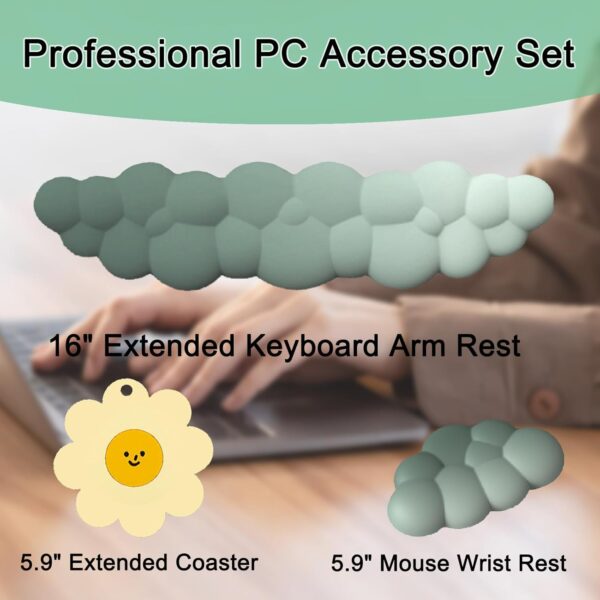 Keyboard Wrist Rest Pad, Ergonomic Design Effective Wrist Pain Relief Arm Rest Desk, Cute Cloud Decoration Gift for Office, Study, Computer Game Table Mouse Accessories (Green Set) - Image 2