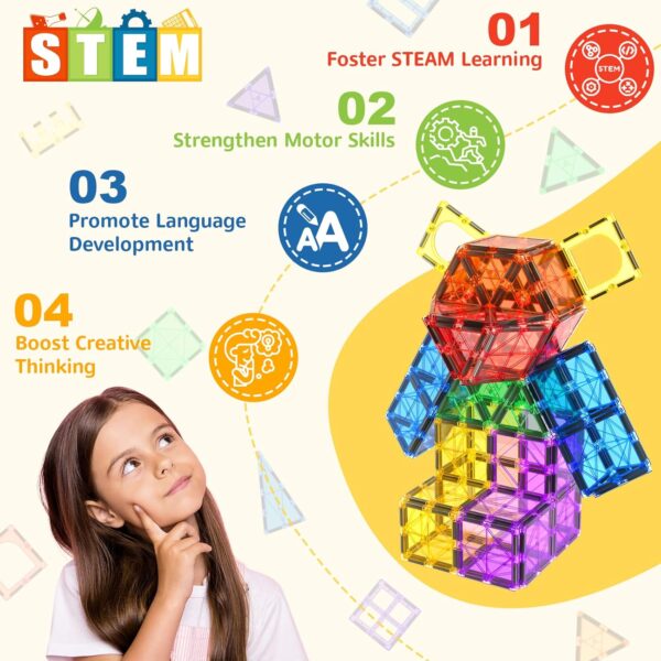 60 PCS Magnetic Building Tiles Kids Toys STEM Magnetic Blocks Sensory Toys Kids Games Magnet Building Toys for Boys and Girls Aged 3+, Kids Brain Development Preschool Kindergarten Toddler Toys - Image 2