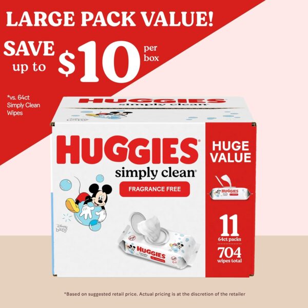 Huggies Simply Clean Fragrance-Free Baby Wipes, Unscented Diaper Wipes, 11 Flip-Top Packs (704 Wipes Total) - Image 3