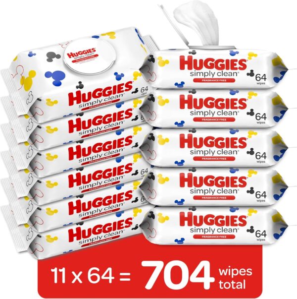 Huggies Simply Clean Fragrance-Free Baby Wipes, Unscented Diaper Wipes, 11 Flip-Top Packs (704 Wipes Total) - Image 2